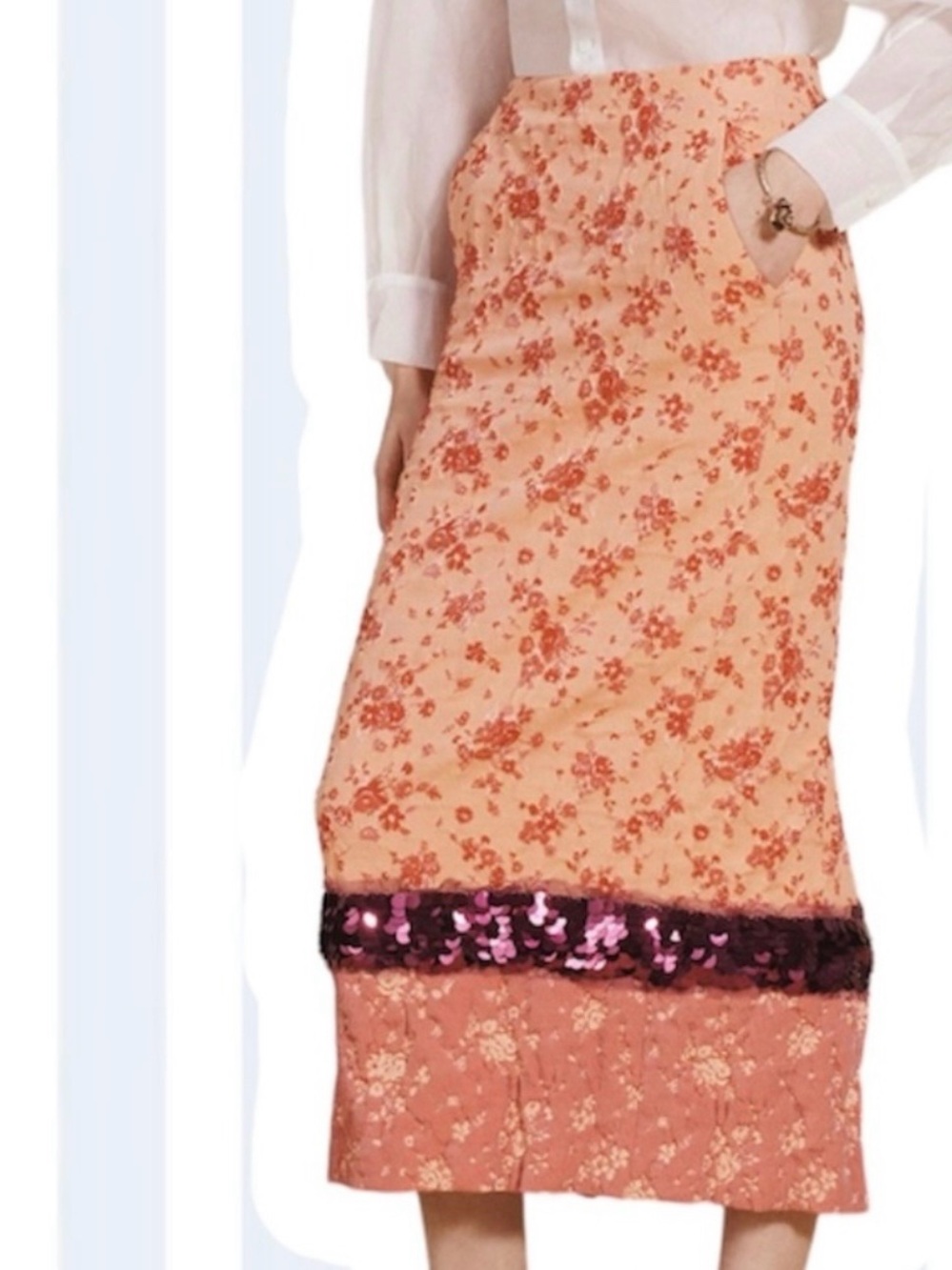Zara Pink Floral Midi Skirt with Magenta Sequin Band - Picture 2 of 8